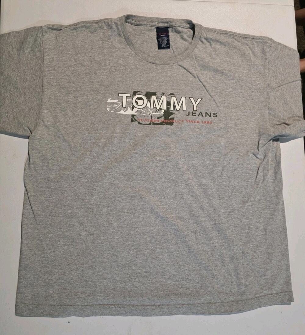 VTG Tommy Hilfiger Jeans Mens XL Gray Floral Logo Graphic T Shirt 90s Y2K